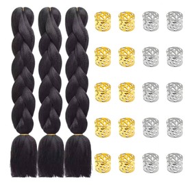 Braids Extensions Set, 60 cm, 3 Pieces Synthetic Hair for Braiding, Black Hair Extension Braid, with 20 Pieces Adjustable Hair Accessories, Reusable Dreadlocks Jewellery (Gold, Silver) (Black)