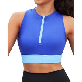 Charmo Women's Zipper Bikini Tops Racerback Ribbed Swimwear High Neck Swim Top S