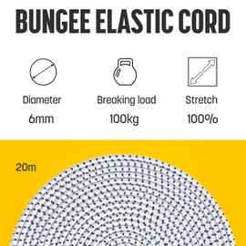 Kamu Synber Bungee Cord 6mm x 20m Elastic Shock Cord Bungee Rope for Tarpaulin, Kayak, Tie Down, Camping | White/Black