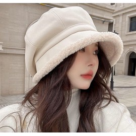 Avilego Fleece Lined Beret for Women Fleece Bucket Hat Painter Hat Newsboy Cap Warm Fisherman Hat for Cold Winter Gift 2024 Beige