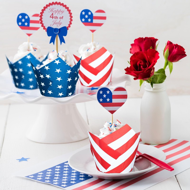 JarThenaAMCS 200Pcs Patriotic July 4th Tulip Cupcake Liners Stars Stripes