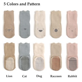Exemaba Baby Socks with Grips Winter - 5 Pairs Toddler Cartoon Animal Floor Non Slip Socks Kids Thick Warm Anti Slip Socks for Girls Boys(A1-5 Colors,S/6-12 Months)