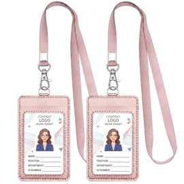 2 Pack Badge Holder with Lanyards for Id Badges, PU Leather Card Holder with Cute Lanyards for Cruise Ship Cards for School Teacher Student, Work College, Travel, Credit Cards (Pink)