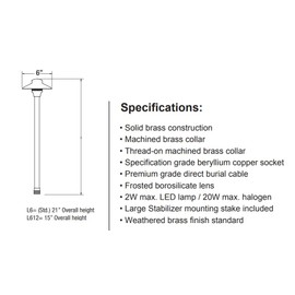 Unique Lighting Systems L6-12-L2 Knights Series Lancer 6 Area Light Path Light Fixture Brass 12" Riser (Includes 2W 3000K T3 LED Bulb)