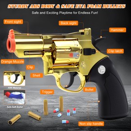 Trokiomi Gold Soft Bullet Toy Revolver for Boys - Realistic Shooting Game Toy Gun Pistol with 50 Foam Bullets & 12 Shells - Ideal Christmas for Boys
