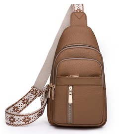 Nexum Sling Bag for Women Leather Crossbody Bag Women with Headphone Port Waterproof Chest Bag for Men Shoulder Purse for Travel Cycling Shopping (Khaki)