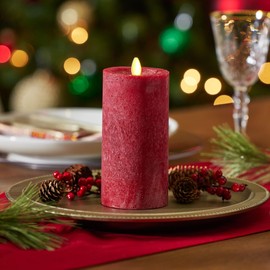 Luminara Burgundy Seaglass Flameless Candle Moving Flame Pillar, Unscented Real Wax with Recessed Edge, Timer, Battery Operated LED Candle Lights (3" x 6.5")