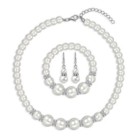 Yifnny Pearl Necklace and Earrings Set, Bracelets Sets Simulated Pearl Bride Wedding Jewelry Set Accessories Wedding Necklace Jewelry Silver Gold Birthday Jewelry for Women (Style 10 Silver)