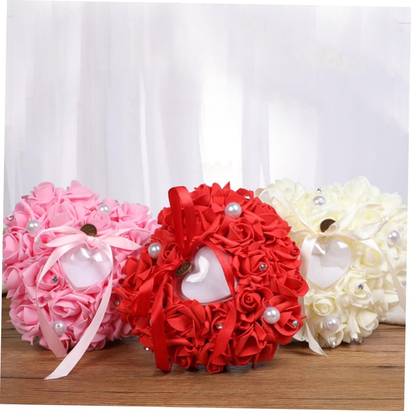 jojofuny Elegant Heart Shape Ring Pillow Wedding Holder Reusable for