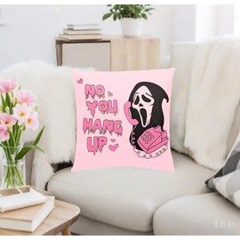 LMABBAQA Pink Funny Horror Ghost Throw Pillow Cover 18x18 Inch，No You Hang Up Pink Soft Pillowcase for Sofa Bedroom Living Room Car (18x18 Inch)