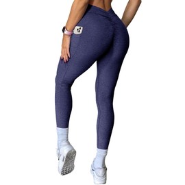SEASUM Viral V Back Leggings for Women Curves Scrunch Butt Lifting Workout Yoga Pants High Waisted Gym Booty Tights Heather Navy Blue L