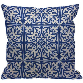 HGOD DESIGNS Moroccan Tile Cushion Cover,Ikat Damask Traditional Floral Cobalt Blue and White Throw Pillow Case Home Decorative for Living Room Bedroom Sofa Chair 18X18 Inch Pillowcase 45X45cm