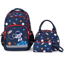 School Backpack Kids Bookbag Set-with Lunch Bag & Pencil Case Elementary Preschool Kindergarten Supplies for Boys Large Capacity Backpack Set (Dark Blue Space)