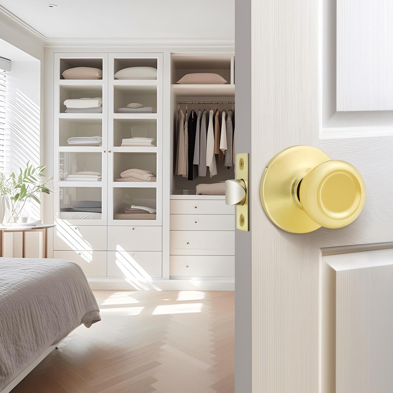 GOBEKOR 3 Pack Keyless Passage Door Knobs Closet Polished Brass