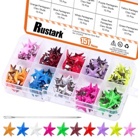 Rustark 150Pcs 15.7MM Colorful Metal Star Studs Assortment Kit with 1Pc Large Eye Needle, 2-Claw Hand Pressed Punk Studs Rivets Spots Nailhead Studs for DIY Leather Craft Decorations