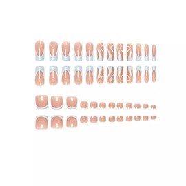 48 Pcs Pink Press On Nails Medium Square & Press On Toenails Set,MINGCHUN Blue French Fake Nails Press ons Nail Art Tips Glue on Nails Acrylic Nail Kit False Toe Nails with Irregular Ripples Design