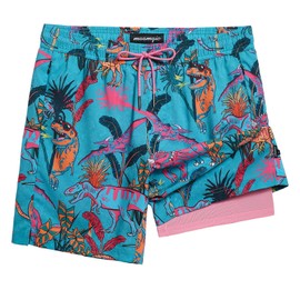 maamgic Mens Swim Trunks 7" Swim Shorts with Compression Liner Quick Dry Swimming Trunks Plaid Grain Bathing Suit Dinosaur Blue-Green Large