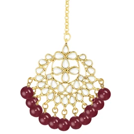 Aheli Faux Kundan Pearl Maroon Maang Tikka nupcial indio tradicional Bollywood conjunto de joyería para mujeres y niñas