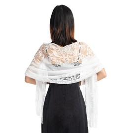 NiceYnn Women Floral Lace Shawl 179cm Soft Mesh Fringe Wrap for Wedding Cape Evening Party Large Size Lightweight Warm Scarves White One Size, White