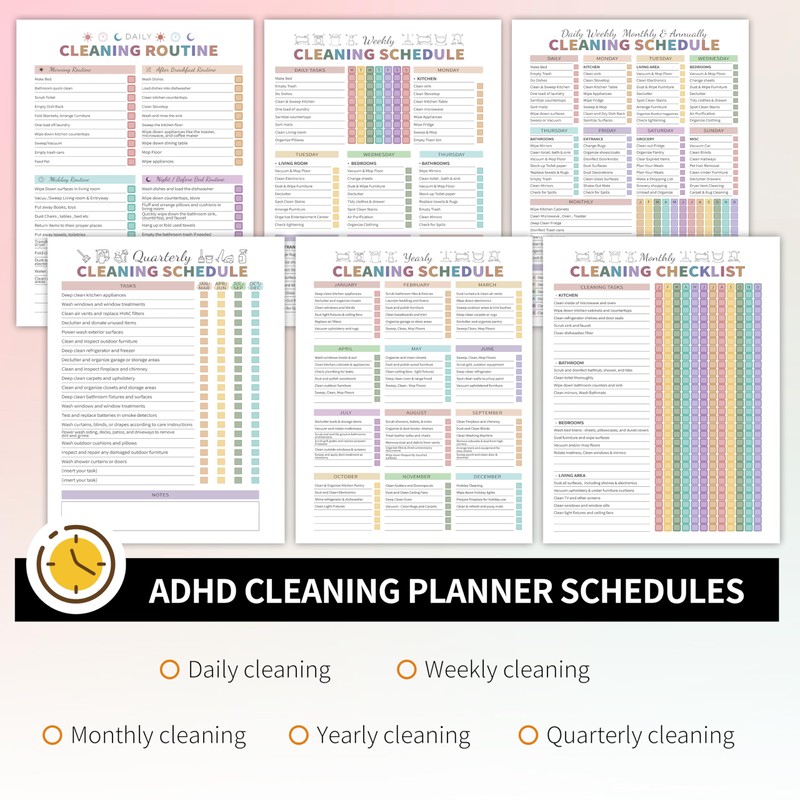 ADHD Cleaning Planner for Adults Women, Cleaning Schedule and Checklist