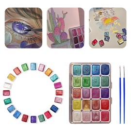 nnOuOnn Shifting Metallic Watercolour Paints Set, 20 Color Mini Travel Glitter Gouache Water Colour Painting, Colouring Brushes Cards Art Forestey Pearlescent Solid Kids Adults Beginners Artists
