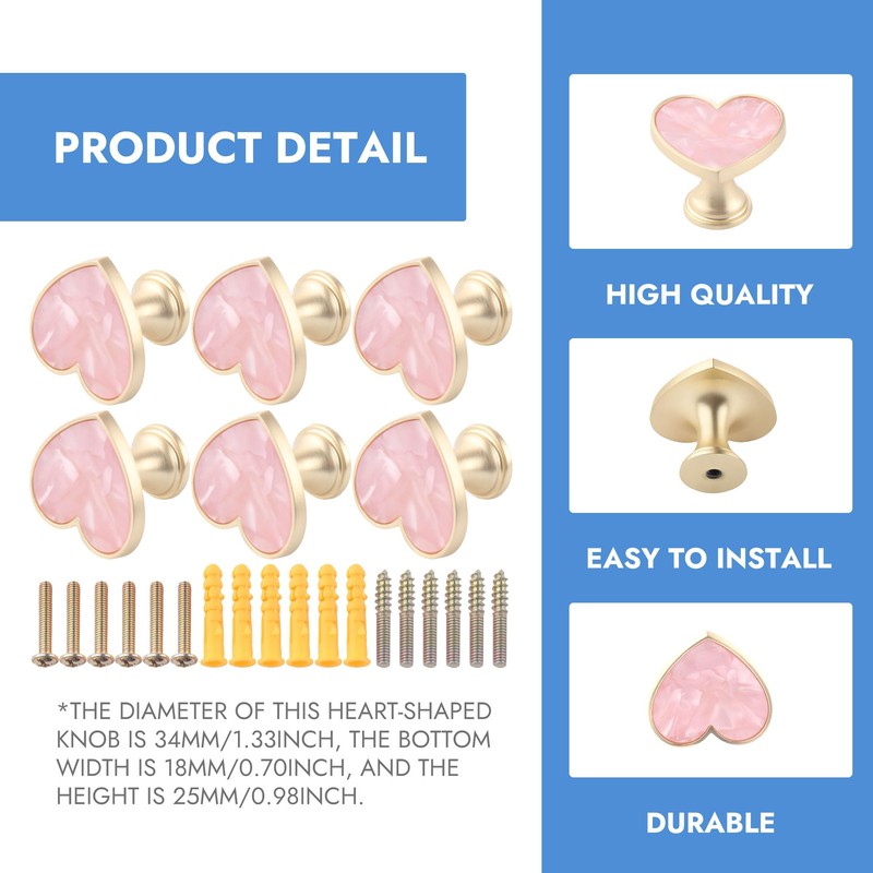 6 Sets Pink Heart-Shaped Cabinet Knobs Zinc Alloy Drawer Pulls