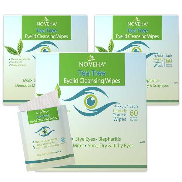 NOVEHA Tea Tree Oil Eyelid & Lash Wipes With Hyaluronic Acid, Green Tea & Chamomile For Blepharitis & Itchy Eyes, Individually Wrapped Eyelash Wipes Natural Makeup Remover & Daily Cleanser (Pack of 3)