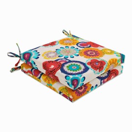 Pillow Perfect Bright Floral Indoor/Outdoor Square Corner Chair Seat Cushion with Ties, Plush Fiber Fill, Weather, and Fade Resistant, 20" x 20", Blue/Ivory Crosby, 2 Count