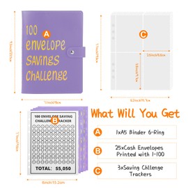 100 Envelopes Challenge Binder,A5 Money Saving Budget Binder with Cash Envelopes Savings Challenges Book to Save $5,050 Budget Planner for Budgeting Planner Saving Money