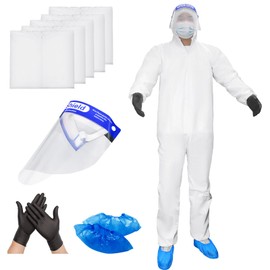 ETERNA Hazmat Suits Set- 5 Pack Disposable Protective Coveralls,Protective Face Shield, Shoe covers for Men & Women, Shield from Dirt, Dust, Paint (Medium)