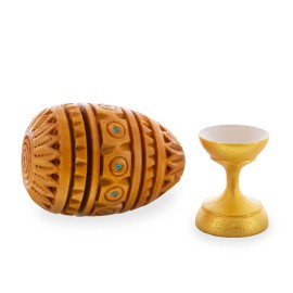 BESTPYSANKY Hand Carved Inlaid Ukrainian Wooden Easter Egg on a Stand