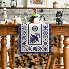 Artoid Mode Floral Bird Dia De Los Muertos Mexican Table Runner, Blue Patchwork Tiles Kitchen Dining Table Decoration for Home Party Decor 13x120 Inch