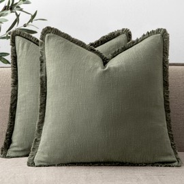 ANRODUO Set of 2 Decorative Throw Pillow Covers 20×20 Inch Soft Linen Fringe Farmhouse Boho Vintage Cushion Cover with Tassels Accent Pillowcase for Couch Sofa Bed Living Room Home Decor Olive Green