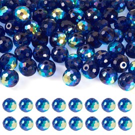 Magibeads 80Pcs Round Glass Beads 10mm Blue Faceted Crystal Rondelle Beads Iridescent Sun Catcher Beads for Crafts DIY Wind Chime Bracelets Jewelry Making Supplies