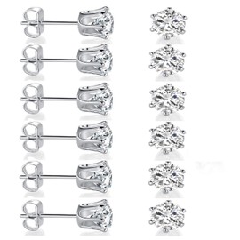14K White Gold Plated 3.0mm Round Clear Cubic Zirconia Stud Earring Pack of 6 Pairs (6 Pairs)