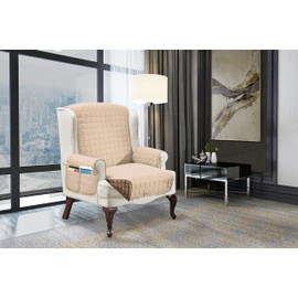 Elegant Comfort Quilted Furniture Protectors Solid and Printed Design Reversible Slipcovers Featuring Elastic Straps and Smart Pockets Great for Pets, Kids and More, Wing Chair, Cream/Taupe