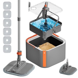 INWEJIA Upgraded Spin Mop and Bucket Set Self-Standing Rod Separate Dirty and Clean Water System Self Wringing 360° Rotating 90° Foldabl for Hard Floor Cabinet Windows Wall Dark Gray, 6Pads