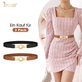 JasGood Women's Thin Elastic Waist Belt Stretchy Retro Hook Belt for Dress, 2-Black/Brown