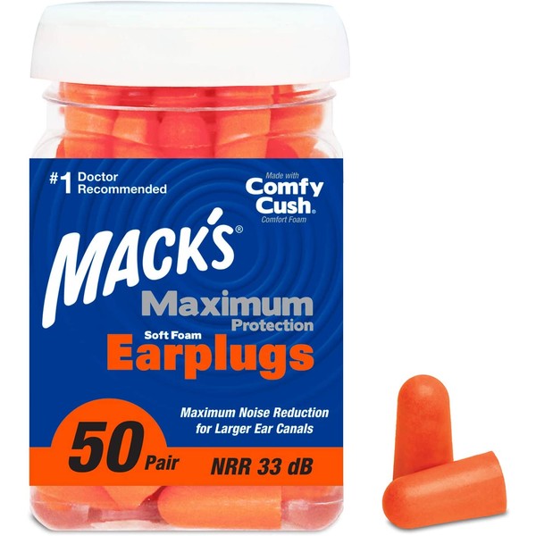 Mack’s Maximum Protection Soft Foam Earplugs – 50 Pair, 33 dB Highest NRR – Comfortable Ear Plugs for Sleeping, Snoring, Loud Concerts, Motorcycles and Power Tools