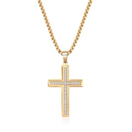 VQYSKO Cross Necklace for Men Women, CZ 14k Gold Plated Stainless Steel Plain Simple Cross Pendant Necklace for Men, 20in, Stainless Steel, stainless steel