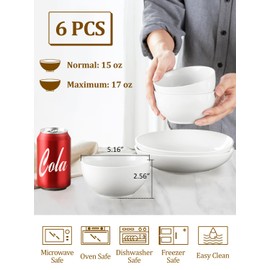 Yedio White Ceramic Cereal Bowls, 17 Ounce Porcelain Bowl for Kitchen Cereal Soup Rice Salad Pasta Dessert Snack Fruits Ice Cream, Set of 6, Microwave Dishwasher Freezer Oven Safe Easy Clean Stackable