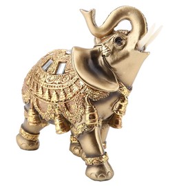 Feng Shui Elephant Statue Made of Golden Polyresin, Beautiful Decorative Elephant Figures in Gold Wealth Figures and Home Decoration for Looking for Happiness and Prosperity (L)