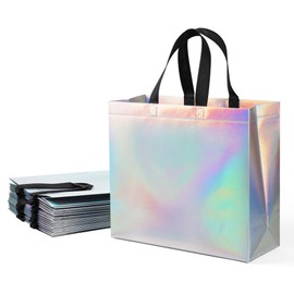 huichuan Set of 12 Iridescent Gift Bags - Holographic Bags with Handles, Non-woven Large Reusable Gift Bag for Wedding, Holiday, Party - 12.6x4.7x11 In