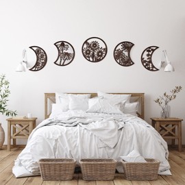5 Pieces Moon Phase Wall Decor Boho Hanging Moon Phase Nordic Wood Wall Art for Living Room Bedroom Home Wall Decoration Room Apartment Bar Ornament (Brown)