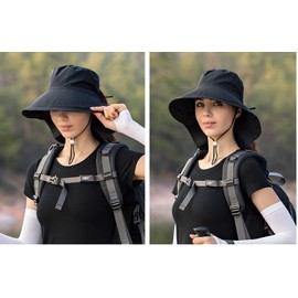 Packable Large Brim Floppy Sun Hat with Neck Protector UPF 50+ Beach Sun Bucket Hat (A-Black)