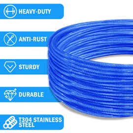 VIVBOO 40ft Clothes Line Outdoors 3/16" Wire Ropes Blue PVC Coating Laundry Drying Clothesline with Metal Hooks and Snap Heavy Duty for Umbrella Travel Outside Camping Backyard