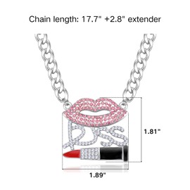 Tiberu Women’s Hip Hop Crystal Kiss Lips Statement Necklace Chunky Cuban Chain Necklace Sexy Costume Jewelry (Silver)