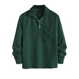 ZAFUL Men's Corduroy Shirts Solid Color 2025 Fall Half Button Long Sleeves Casual Work Collared Shirt with Pocket(Deep Green,XX-Large)