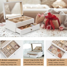 Meangood Jewelry Box Organizer for Women, 2 Layer Large Jewelry Storage Case, Rustic Wooden Jewelry Box with Mirror & Ring Tray for Necklace Earring Bracelets Rings, Vintage Style (White)