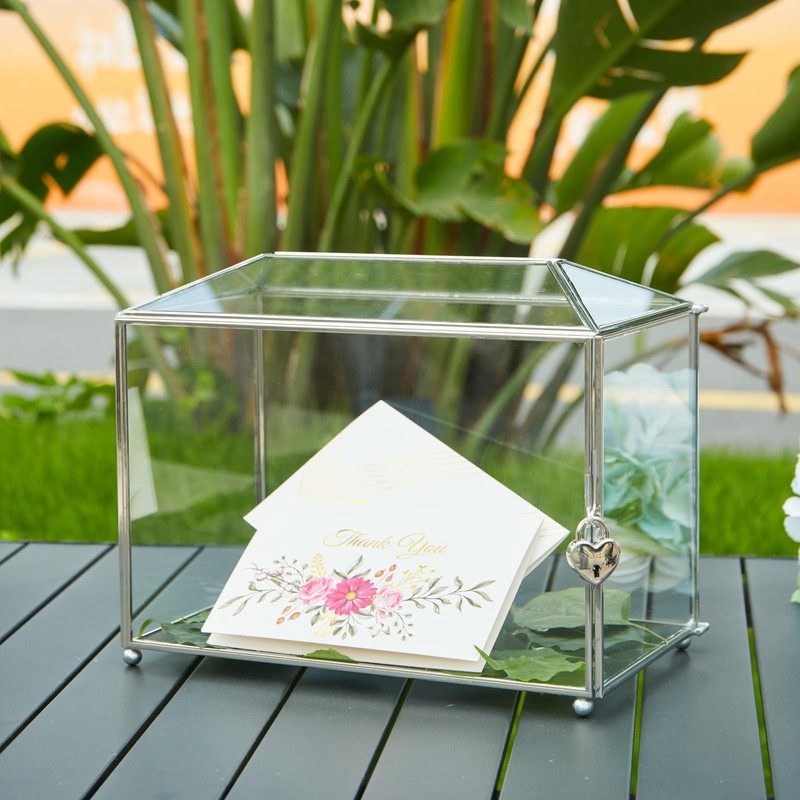 WHSLILR 12.6" Glass Card Box Wedding Card Box with Lock